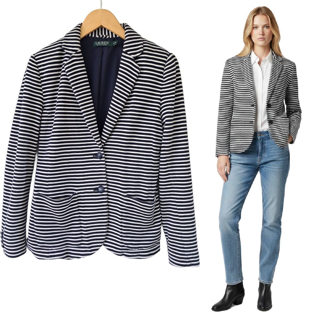 LAUREN Ralph Lauren Navy White Stripe Knit Blazer Jacket Size Medium Preppy